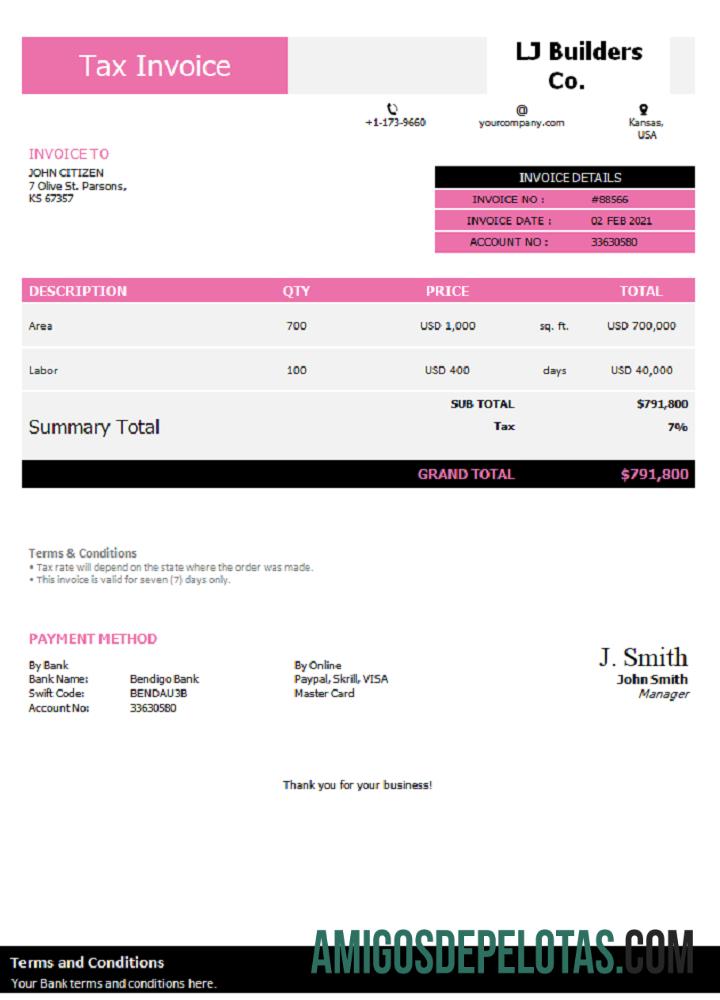 Fatura da LJ Builders Co. dos EUA modelo